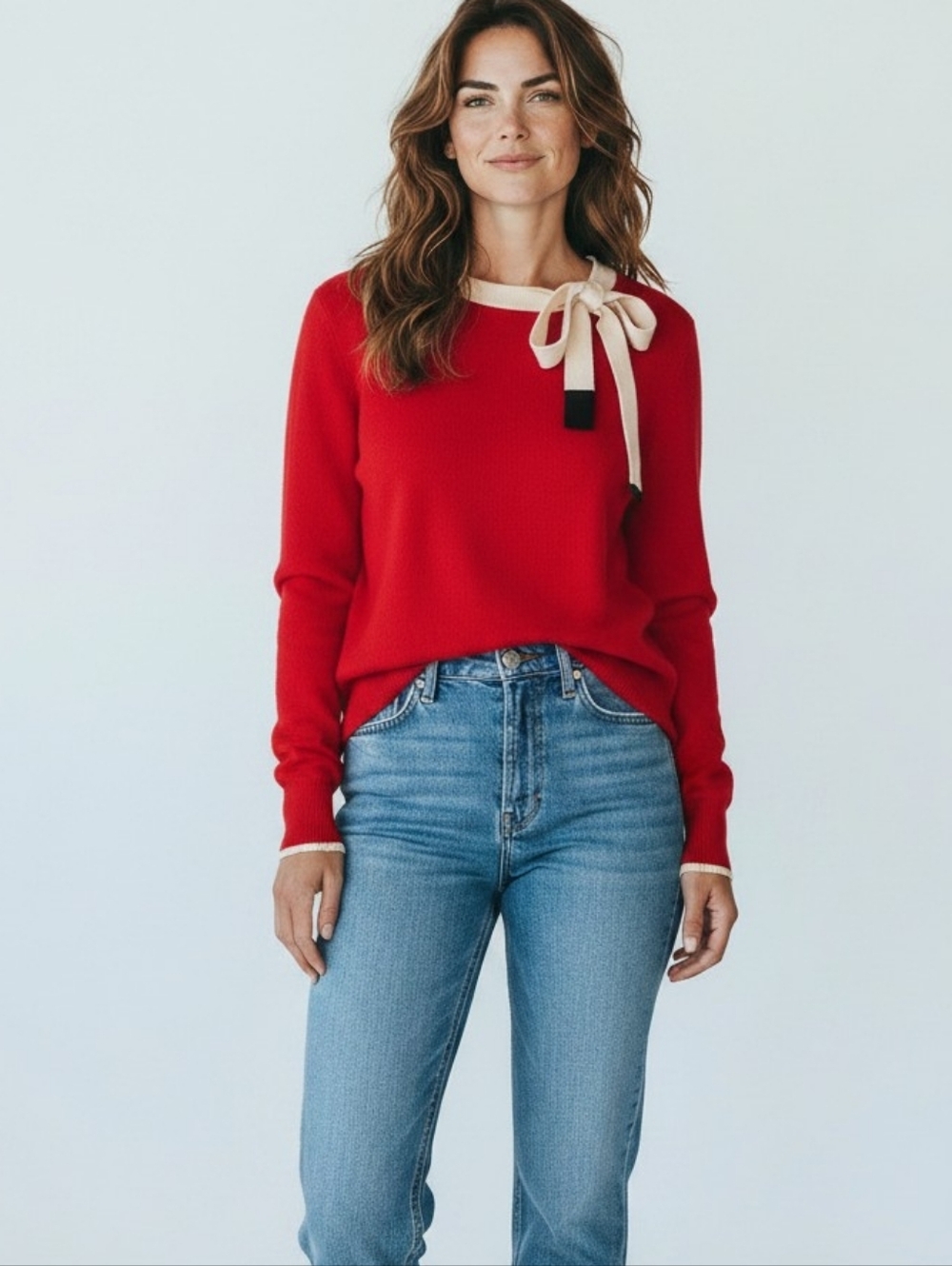 Charter Club 100% Cashmere Red Sweater w Bow Neck Detail Size L